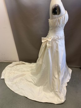 PICCIONE, Ivory White, Silk, Nylon, Solid, Strapless, Ruched Bust, Silver & Ivory Embroidery  at Waist and Hem with Sequins, Seed Beads, & Crystals, Train, Zipper Center Back with Satin Buttons, 1 Bow on Right Hip,