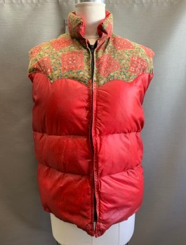 FROSTLINE KIT, Red, Olive Green, Off White, Multi-color, Nylon, Cotton, Solid, Floral, Puffer Vest, Solid Red Nylon with Olive Floral Patterned Western Style Yoke, Zip Front, Stand Collar, Lightly Aged,