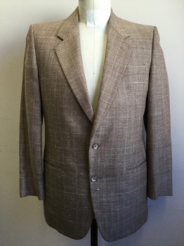 MALIBU CLOTHES, Lt Brown, Cream, Lt Blue, Orange, Wool, Tweed, Plaid, 2 Buttons, Single Breasted, Notched Lapel, 3 Welt Pockets
