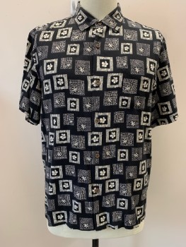 TOMMY BAHAMA, Black, Off White, Silk, Hawaiian Print, Squares, C.A., B.F., Wood Bttns,  S/S, 1 Patch Pckt,