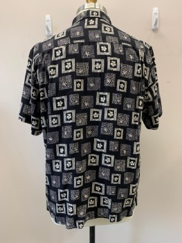 TOMMY BAHAMA, Black, Off White, Silk, Hawaiian Print, Squares, C.A., B.F., Wood Bttns,  S/S, 1 Patch Pckt,