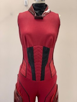 NO LABEL, Red, Dk Red, Black, Polyester, Synthetic, Abstract , Jumpsuit, Sleeveless, Mock Neck With Plastic Collar, Textured Fabric, Black Piping, Padded Abdomen, Thigh And Knee Guards, Back Zip, Made To Order