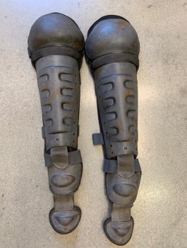 D, Gray, Black, Fiberglass, Nylon, Pair, Molded Armor with Pebbled Texture, Nylon Base, Metal Rivets, Webbed Straps with Velcro, Full Calf Length with Attachment for Upper Feet, Aged/Dirty