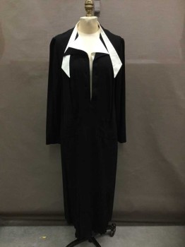 Mto , Black, White, Solid, Made To Order, Crepe, Long Sleeves, White Ribbed Cotton Attached Ties And Panels @ Notched Neck, Button Holes @ Center Front** , Drop Waist, 2 Welt Pockets At Hips, Reproduction, Double,  

** This Dress Is Missing Buttons And White Panel At Center