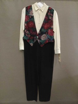 N/L, White, Black, Multi-color, Synthetic, Solid, Floral, White L/S Top With Attached Floral Vest, Black "Pants", Self Tie Back