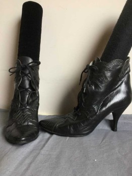 SPANISH ROSE, Black, Leather, Reptile/Snakeskin, Ankle Boots, Black Leather W/black Reptile Pointy Toe, and Scallop Work Detail Trim, Black Lace Up, 2" Pointy Heels,