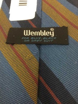 WEMBLEY, Cornflower Blue, Navy Blue, Dijon Yellow, Red, Wool, Stripes - Diagonal , 4 In Hand, See Photo Attached,