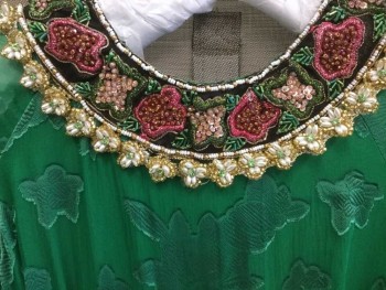 N/L, Green, Gold, Pink, Purple, White, Silk, Sequins, Floral, Green Silk Floral Brocade Sheer Top, Raglan Long Sleeves, Empire Waist, Gathered At Waist, Zip Back, Heavily Beaded Pink/green/white/gold/purple Collar/Cuff/ Top Hem/Pant Hem, Appears As A Top with Matching Pants, Hook & Eyes Collar Back, Keyhole Back, Open Crotch with Snap