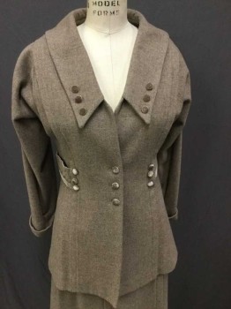 MTO, Taupe, Wool, Tweed, Made To Order, 3 Buttons,  Pointed Collar with Trio Of Velvet Buttons, Side Belts with Trio Of Buttons Detail, Cuffs,