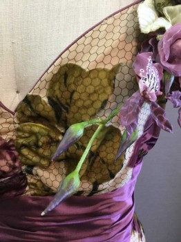 N/L, Lavender Purple, Beige, Lime Green, Cream, Silk, Floral, Burnout Velvet with Cream + Gray Honeycomb Pattern Background and Lavender, Lime, Etc Floral Velvet Foreground, Sleeveless, Solid Lavender Satin Ruched Triangular Waistband, Silk Flowers at One Shoulder, 1" Wide Straps, Lavender Piping, Floor Length Hem, Made To Order Silhouette