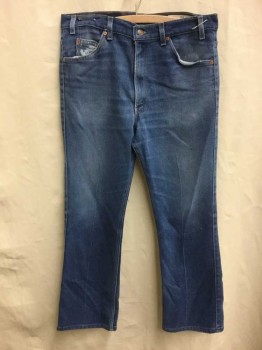 LEVI'S 517, Denim Blue, Blue, Lt Blue, Cotton, Polyester, Medium Faded Denim, Boot Cut, Creased, Tan Topstitching, Zip Fly, Some Wear At Pockets