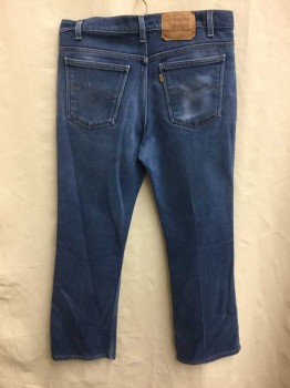 LEVI'S 517, Denim Blue, Blue, Lt Blue, Cotton, Polyester, Medium Faded Denim, Boot Cut, Creased, Tan Topstitching, Zip Fly, Some Wear At Pockets