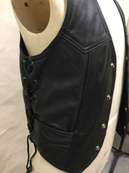 ALL AMERICAN RIDER, Black, Leather, Solid, Black, V-neck, Yoke Front & Back, Single Breasted, 4 Black Snap Front, 2 Pockets W/flap Seam, Black Leather Wang Side Lacing