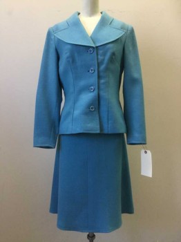 N/L, Turquoise Blue, Wool, Solid, Single Breasted, Unusual Collar Attached, 4 Button Front, Fitted,