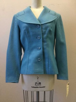 N/L, Turquoise Blue, Wool, Solid, Single Breasted, Unusual Collar Attached, 4 Button Front, Fitted,