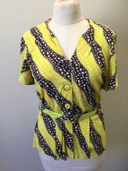VENTURA FASHIONS, Lemon Yellow, Midnight Blue, Off White, Nylon, Stripes - Diagonal , Geometric, Electric Lemon Yellow and Midnight Wobbly Diagonal Stripes, with Offwhite Irregular Rectangles, Short Sleeves, 3 Button Closures at Center Front, Peplum Waist, Round Neck with Notched V Center, **Set is 3 Pieces, Comes with Self Fabric Covered Structured Belt, 1" Wide, with Self Circular Buckle