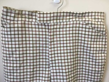 N/L, White, Brown, Maroon Red, Polyester, Plaid-  Windowpane, Heathered, White W/heather brown, Maroon Window Pane Plaid, 2" Waist Band, Zip Front, 2 Slant Pockets