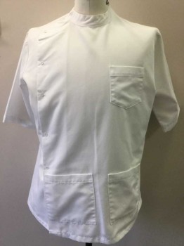 BREW APPAREL, White, Poly/Cotton, Solid, Short Sleeves, Off Center Snaps, Stand Collar, 3 Pockets