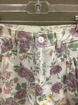 CHEROKEE, White, Lavender Purple, Pink, Lt Yellow, Sage Green, Cotton, Floral, White W/Pastel Florals Denim, Pleated At Panels Below Waist Band, High Waisted, Tapered Leg, Zip Fly, 2 Front Pockets,