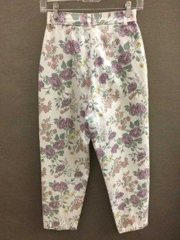 CHEROKEE, White, Lavender Purple, Pink, Lt Yellow, Sage Green, Cotton, Floral, White W/Pastel Florals Denim, Pleated At Panels Below Waist Band, High Waisted, Tapered Leg, Zip Fly, 2 Front Pockets,