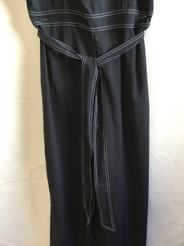 FOREVER 21, Black, Polyester, Rayon, Solid, Black with White Stitches, Zip Back, with Self Matching Belt