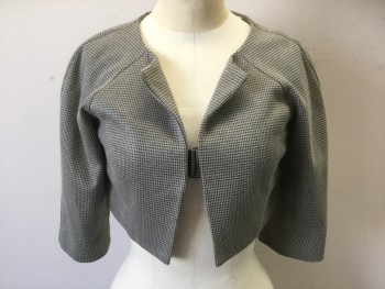 ELLEN TRACY, Putty/Khaki Gray, Charcoal Gray, Poly/Cotton, Houndstooth, Bolero, 3/4 Sleeve, Large Silver Clasp at Center Front Bust, Raglan Sleeve, Scoop Neck, Cropped Length,