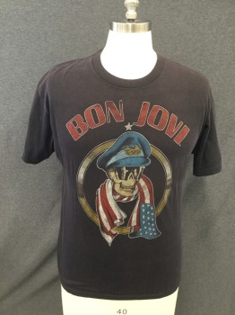 SNEAKERS, Faded Black, Poly/Cotton, Graphic, Solid Short Sleeves, "Bon Jovi" Skull Graphic Front, "We Came We Saw We Kicked Your Ass" Graphic Back