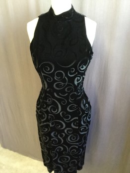 LIZ CLAIBORNE, Black, Acetate, Rayon, Abstract , Black Velvet, Abstract, Mandrin Collar Attached with 2 Button at Back Neck,  Sleeveless, 2 Pockets, Cutout Triangle Back with Zip Back, Split Center Bottom, NO BELT