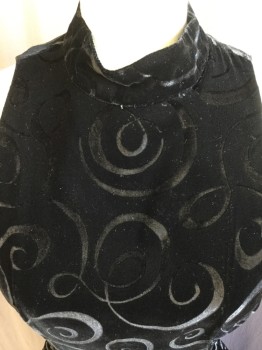 LIZ CLAIBORNE, Black, Acetate, Rayon, Abstract , Black Velvet, Abstract, Mandrin Collar Attached with 2 Button at Back Neck,  Sleeveless, 2 Pockets, Cutout Triangle Back with Zip Back, Split Center Bottom, NO BELT
