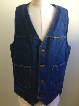 WRANGLER, Blue, Ecru, Cotton, Polyester, Solid, Button Front, 2 Patch Pockets, Faux Sheerling, Denim