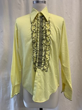 AFTER SIX, Yellow, Cotton, Polyester, Solid, Button Front, Collar Attached, Long Sleeves, Ruffle Bib Front with Black Trim, Smocked Button Placket with Black Diamond Embroidery Detail