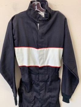 GUARD LINE, Black, White, Red, Cotton, Nomex, Solid, Twill, White Panel Across Chest, Red Piping Trim, Long Sleeves, Zip Front, Stand Collar with Velcro Closure, Elastic Waist in Back, Rib Knit Cuffs & Leg Openings, "SFI" Patch on Left Sleeve