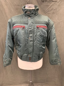MTO, Dk Olive Grn, Nylon, Solid, Sci-Fi Flight Jacket, Zip Front, Hidden Placket with Open Snaps, Quilted Yoke Front and Back, 4 Pockets (2 Burgundy Zippers), Ribbed Filled Shoulder Panels, Elastic Waistband/Cuffs, Ribbed Band Collar with Collar Attached and Snapped Down, Snap Cuff Placket