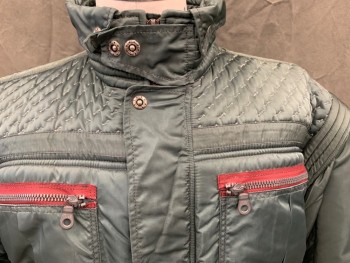 MTO, Dk Olive Grn, Nylon, Solid, Sci-Fi Flight Jacket, Zip Front, Hidden Placket with Open Snaps, Quilted Yoke Front and Back, 4 Pockets (2 Burgundy Zippers), Ribbed Filled Shoulder Panels, Elastic Waistband/Cuffs, Ribbed Band Collar with Collar Attached and Snapped Down, Snap Cuff Placket