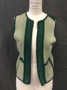 YOUNG EAST, Mint Green, Forest Green, Leather, Acrylic, Patchwork, Suede Mint and Dark Green Patches Attached with Forest Green Acrylic Knit, Vest, Open Front, Scoop Neck, Solid Forest Green Ribbed Knit Back