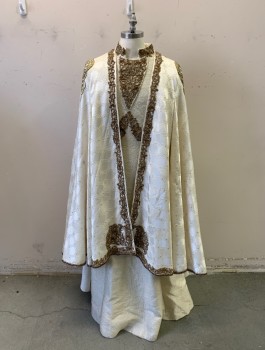NL, Ivory White, Antique Gold Metallic, Cotton, Textured Fabric, Cassock, Textured Fabric, Antique Gold Braided and Sequence Accents, Long Sleeves, 2 Belt Loops on Left & Right,