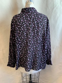 LOUBEN, Black, Purple, Lilac Purple, Polyester, Polka Dots, Collar Attached, Button Front, Long Sleeves