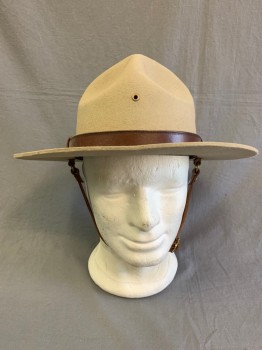 Stratton, Khaki Brown, Wool, Solid, Campaign Hat, Peak Crown, Badge Holes, Brown Leather Hat Band with Gold Buckle, with Chin Strap
