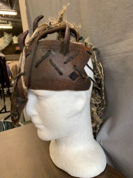 MTO, Brown, Black, Tan Brown, Leather, Straw, Barbarian, Medieval, Fantasy, Thick Leather Woven with Straw, Rubber Teeth Sticking Out Front and Sides, Metal Bit on Nose Piece, Elastic Straps in Back