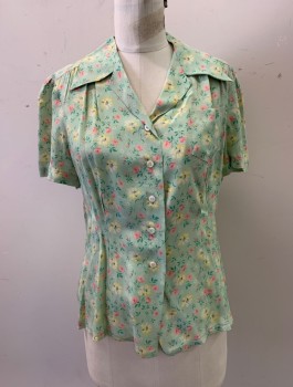 MTO, Lt Green, Multi-color, Nylon, Floral, 1930s, C.A., Button Front, S/S, 1 Pocket, Light Green BG with Pink and Yellow Floral Print, MULTIPLES
