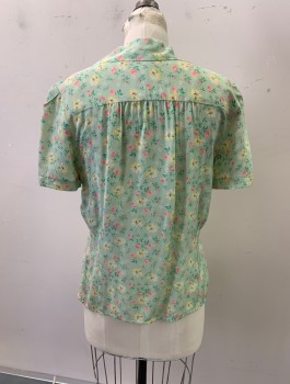 MTO, Lt Green, Multi-color, Nylon, Floral, 1930s, C.A., Button Front, S/S, 1 Pocket, Light Green BG with Pink and Yellow Floral Print, MULTIPLES