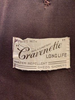 CRAVENETTE, Brown, Wool, Solid, Gabardine, Single Breasted, 4 Buttons, Collar Attached, Padded Shoulders, 2 Welt Pockets, Copper Satin Lining Inside,