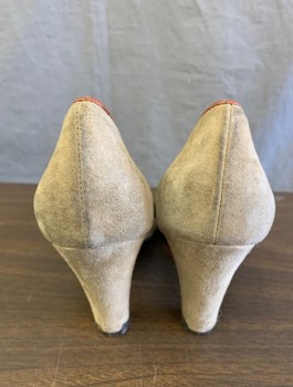 RE-MIX, Beige, Chestnut Brown, Suede, Leather, Reproduction Pumps, Suede with Leather Accent Piping, Peep Toe with Cutout Details, 3.5" Heel