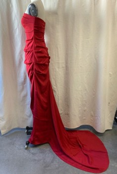 NICOLE MILLER, Ruby Red, Silk, Polyester, Strapless, Square Neckline, Ruched, Zip Back, Floor Length Train