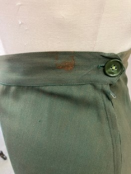 N/L , Green, Rayon, Faded, Six Gore, Waist Band  With Button Tab, Side Zipper, Side Pkt With Epaulet  * Sun Faded & Spots *Stained Rust At Band *