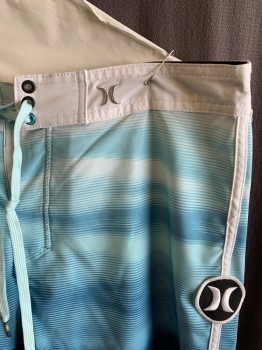 HURLEY, Dk Blue, Lt Blue, White, Polyester, Spandex, Ombre, Stripes, Lace Up Waistband, Large Hurley Logos, Back Pocket With Velcro