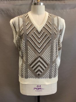 LONDON FOG, Beige, Dk Brown, Cream, Acrylic, Wool, Stripes, Abstract , Sweater Vest, V-N, Cream Neck and Armscyes and Waistband