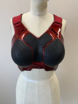 NO LABEL, Red, Dk Red, Black, Polyester, Synthetic, Abstract , Breast Plate, Sleeveless, V Neck, Textured Fabric, Black Piping, Back Zip, Made To Order