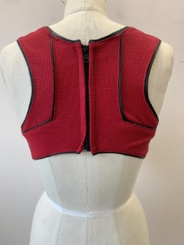 NO LABEL, Red, Dk Red, Black, Polyester, Synthetic, Abstract , Breast Plate, Sleeveless, V Neck, Textured Fabric, Black Piping, Back Zip, Made To Order