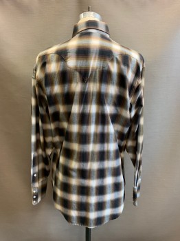 ROCKMOUNT , Brown, Black, White, Khaki Brown, Cotton, Plaid, Collar Attached, Snap Front, White with Gold Frame Diamond Buttons, 2 Pockets, Long Sleeves